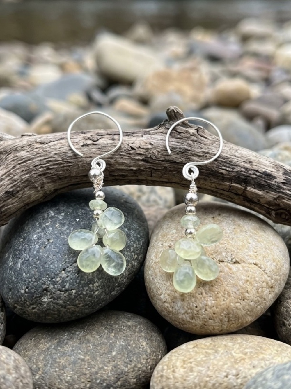 Sterling Silver Drop Earrings with Pale Green Peridot Gem Clusters